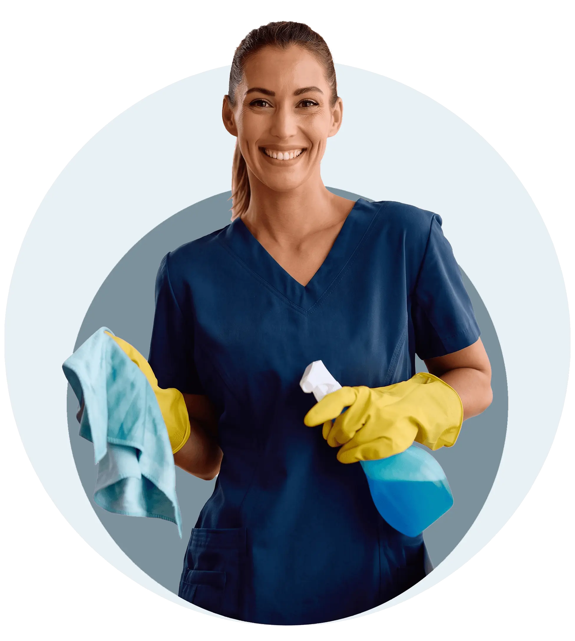 House cleaner holding a microfiber cloth and a spray bottle